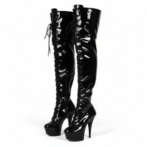 Pleaser Delight 3023 Platform Stiletto Boots Black Patent Thigh High OTK Heels 8